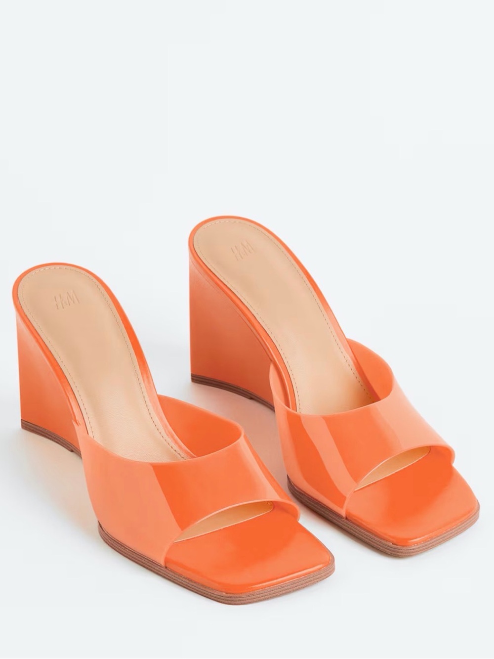 H&M Wedge Heel Mules Women’s Size 8 Orange Patent Square Toe